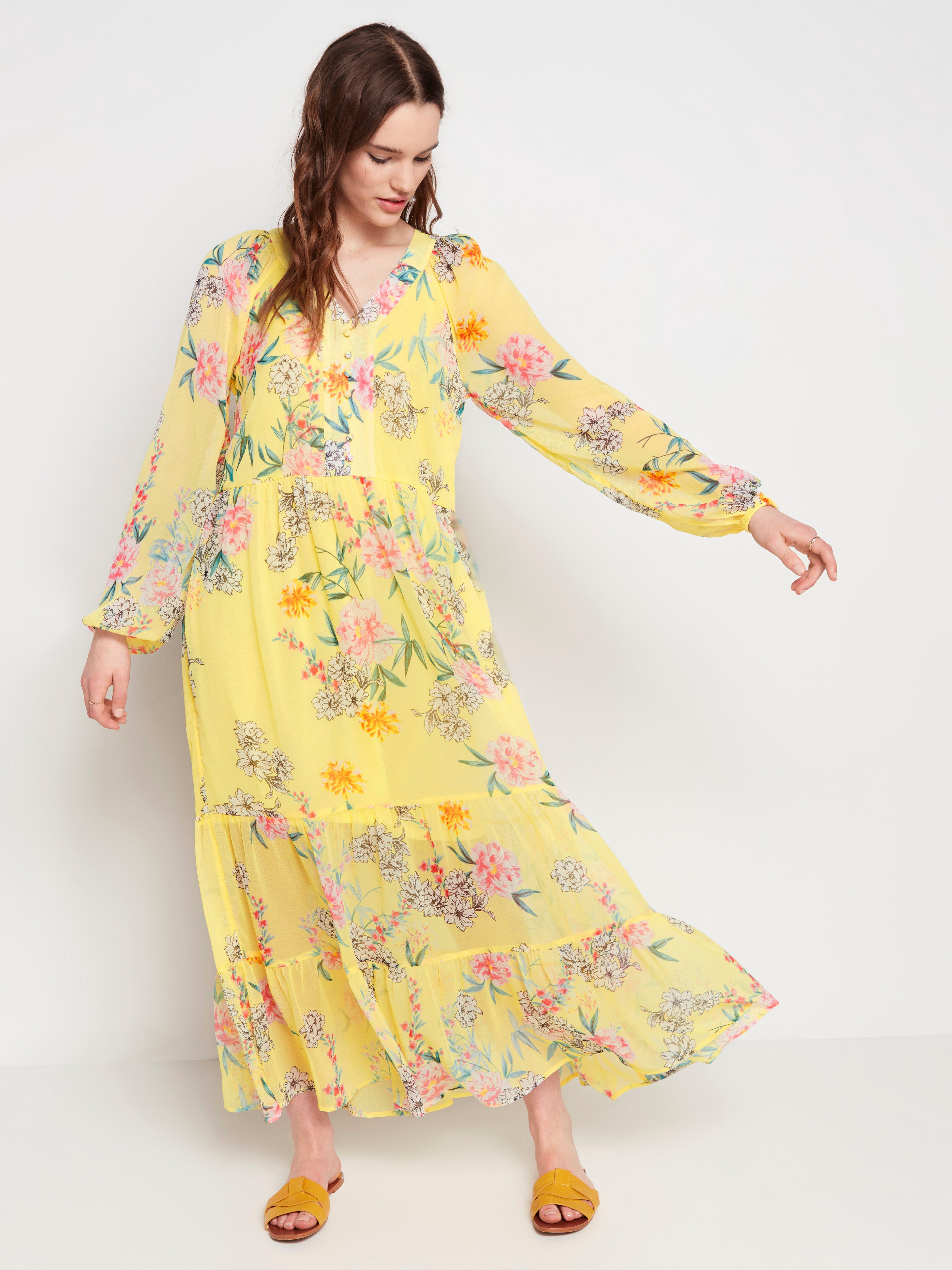 Yellow chiffon maxi dress with floral ...